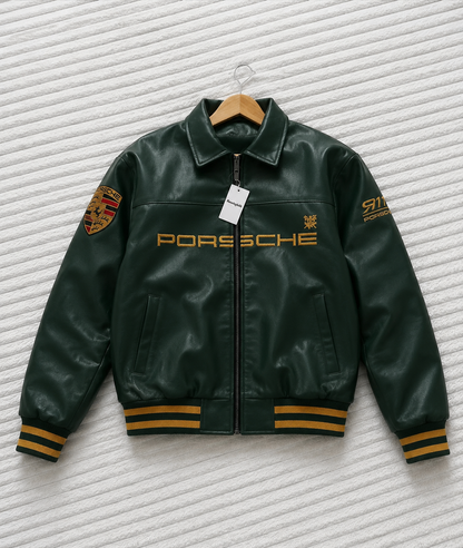 Green Porsche-inspired varsity jacket – side detail