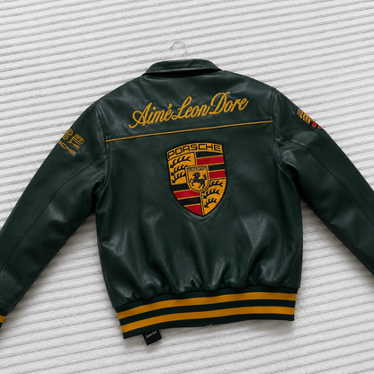 Green Porsche-inspired varsity jacket – close-up detail