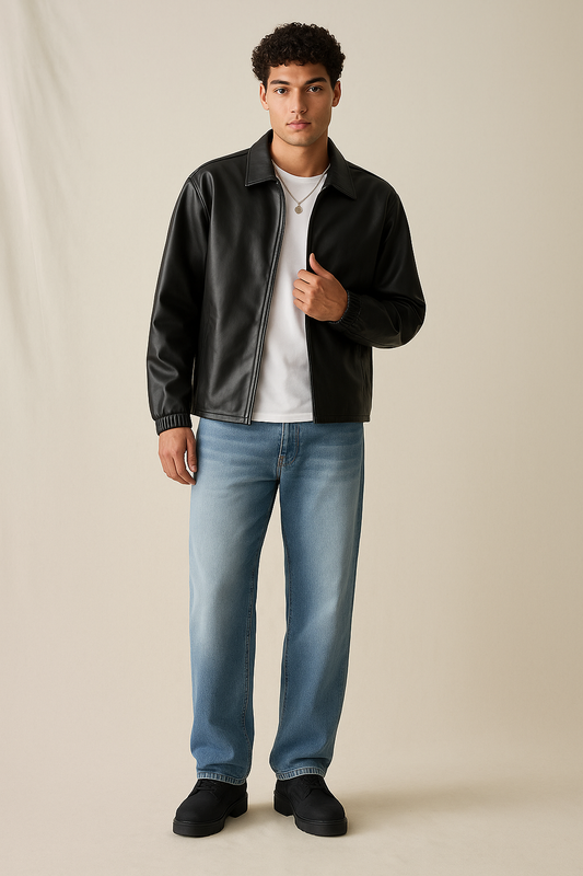 Classic Black Leather Bomber Jacket – Men’s Streetwear Outerwear