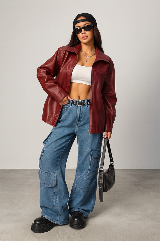 Oversized Red Leather Jacket – Vintage Streetwear Unisex Outerwear