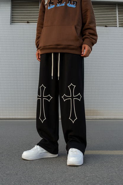 URBXN Cross Embroidered Sweatpants – Black Baggy Y2K Streetwear Pants