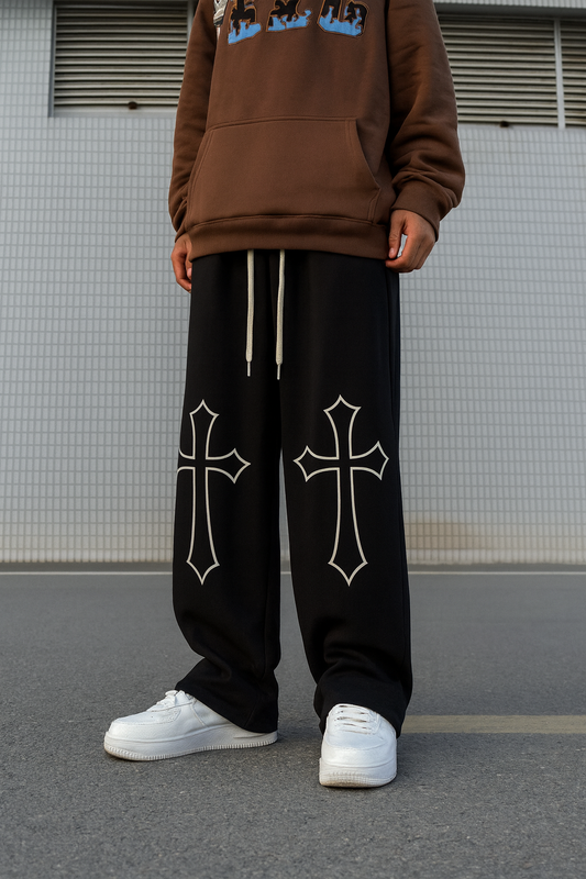URBXN Cross Embroidered Sweatpants – Black Baggy Y2K Streetwear Pants