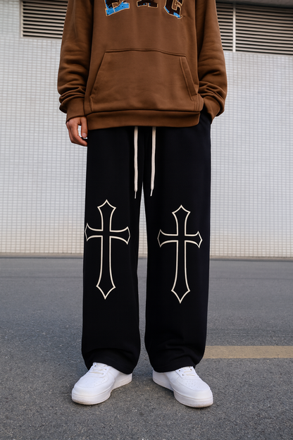URBXN Cross Embroidered Sweatpants – Black Baggy Y2K Streetwear Pants