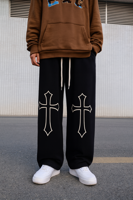 URBXN Cross Embroidered Sweatpants – Black Baggy Y2K Streetwear Pants