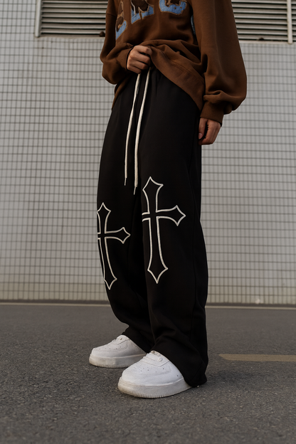 URBXN Cross Embroidered Sweatpants – Black Baggy Y2K Streetwear Pants