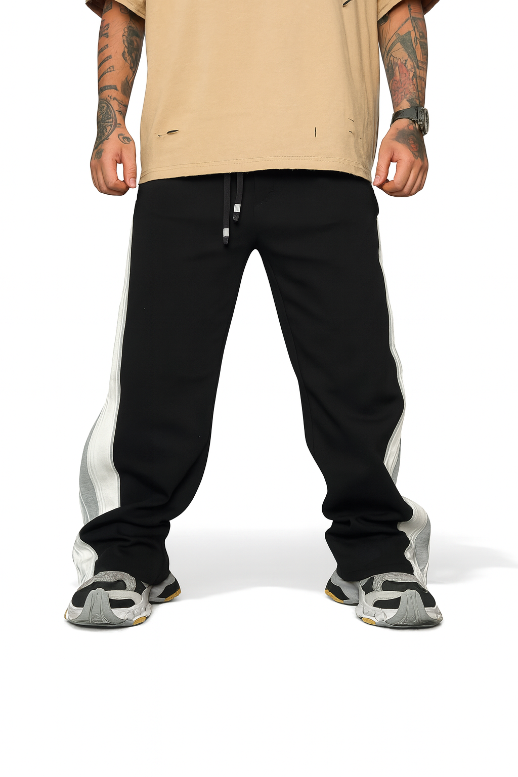 URBXN Black & White Wide Stripe Wind Pants – Oversized Streetwear Joggers