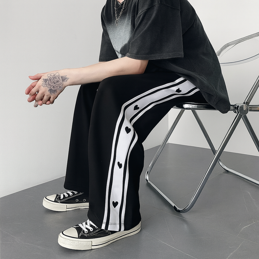 URBXN Black & White Side Snap Pants – Baggy Streetwear Wide Leg Trousers