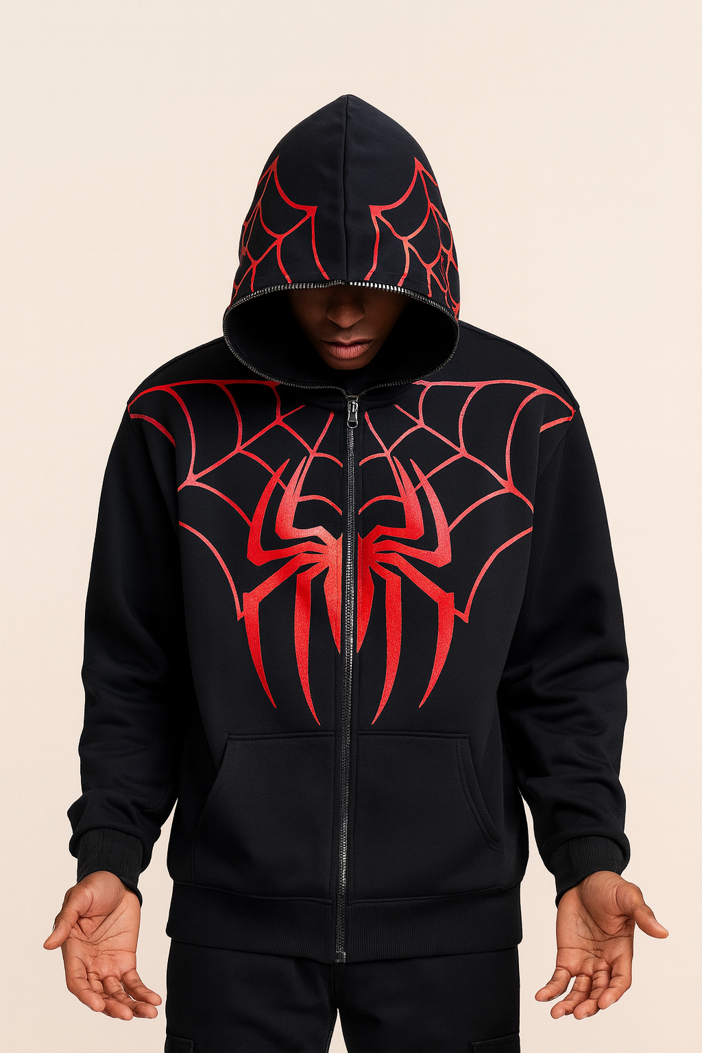 URBXN Black & Red Web Pattern Zip Hoodie – Streetwear Graphic Hoodie (Unisex)