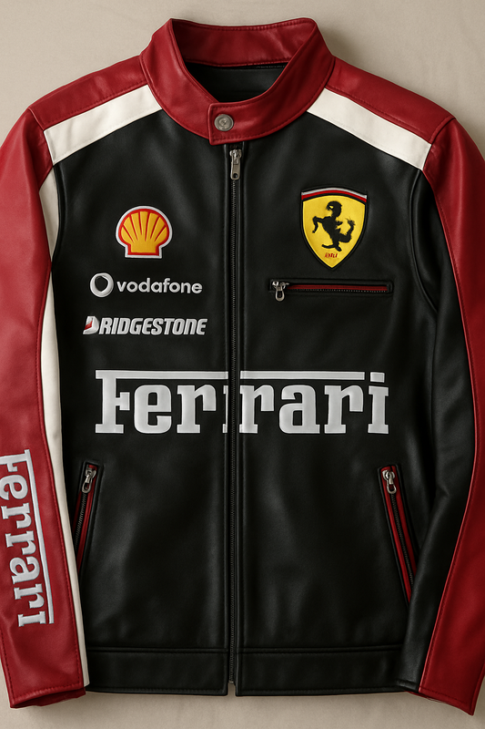 Ferrari Racing Jacket – Black & Red Motorsport Bomber with Embroidered Logos