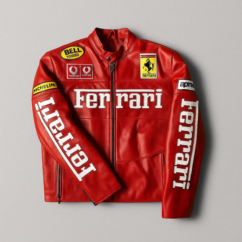 Red leather racing jacket with Ferrari logo and sponsor patches, urban streetwear style