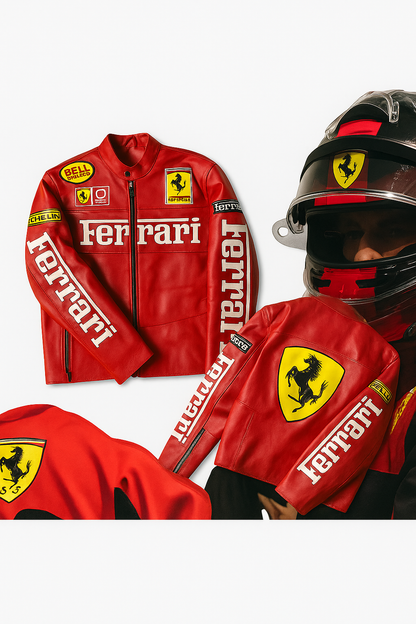Ferrari Racing Leather Jacket – Red Motorsport Embroidered Biker Style