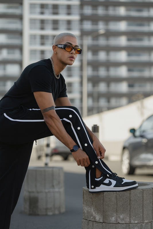 URBXN Snap Button Track Pants – Navy Blue Streetwear Joggers with Side Stripes