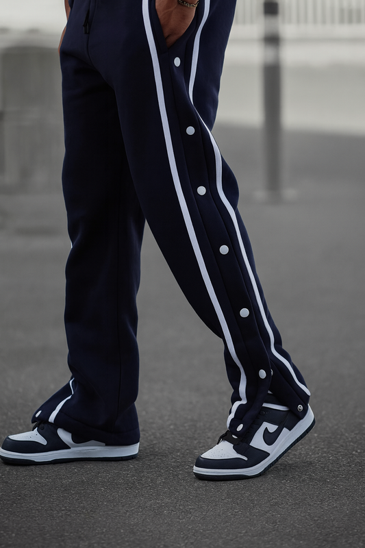 URBXN Snap Button Track Pants – Navy Blue Streetwear Joggers with Side Stripes