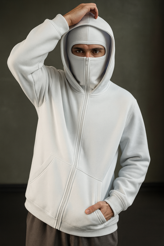 White Combat Hoodie – Streetwear Pullover with Face Cover