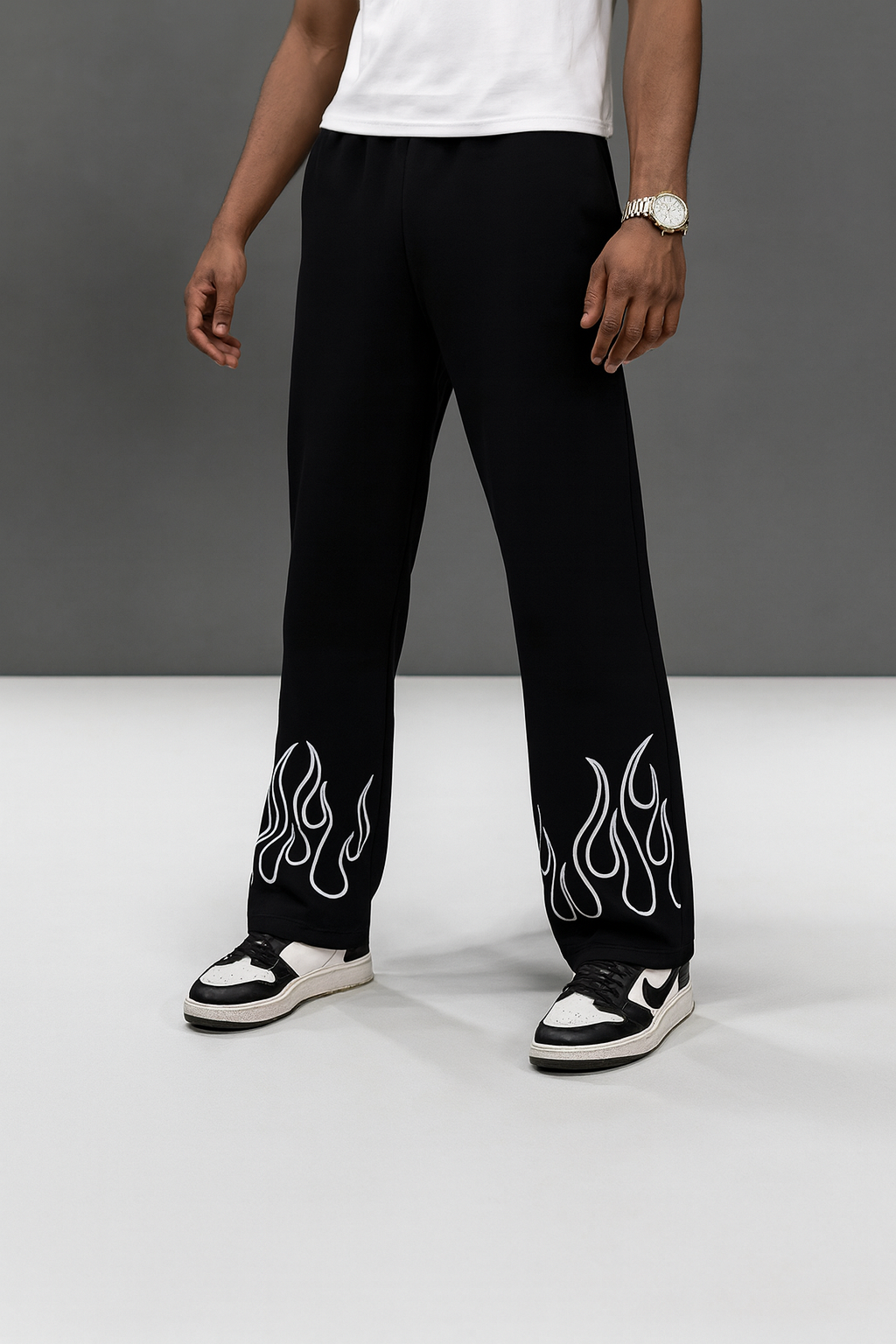 URBXN Black Flame Print Trousers – Streetwear Wide Leg Pants