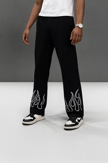 URBXN Black Flame Print Trousers – Streetwear Wide Leg Pants