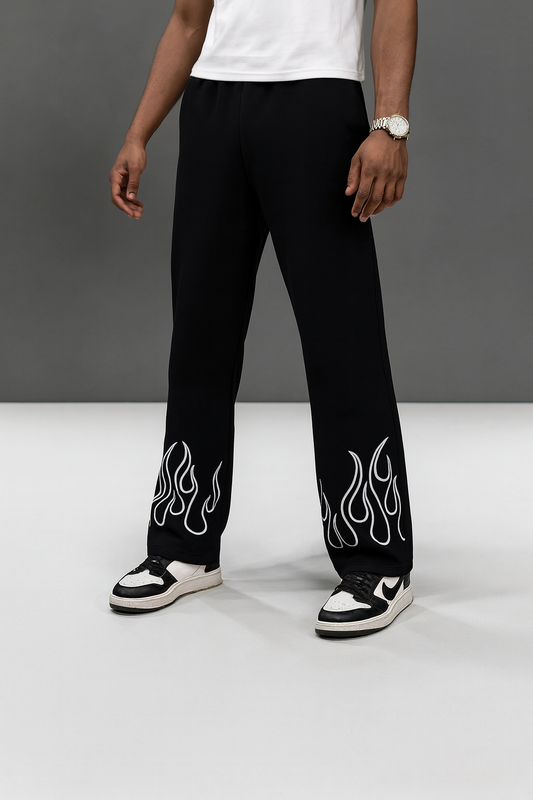 URBXN Black Flame Print Trousers – Streetwear Wide Leg Pants