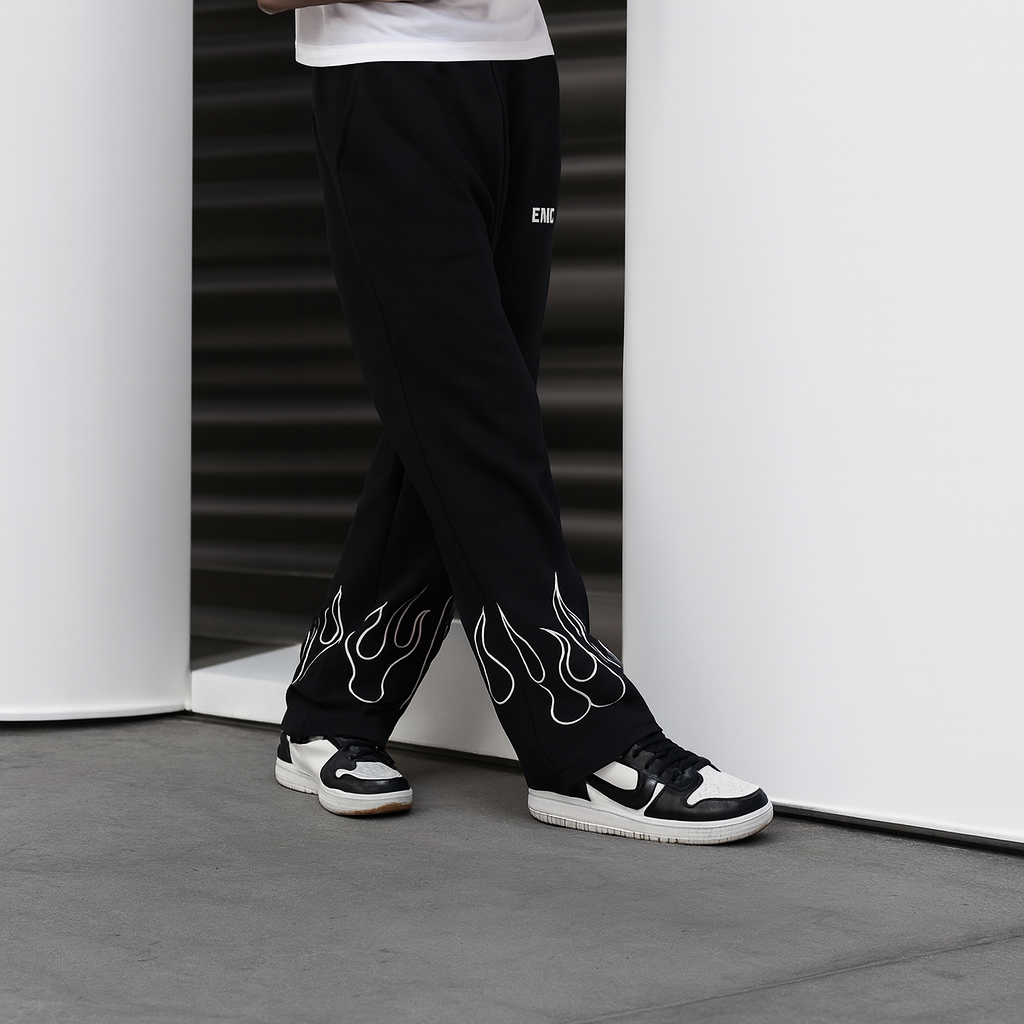 URBXN Black Flame Print Trousers – Streetwear Wide Leg Pants