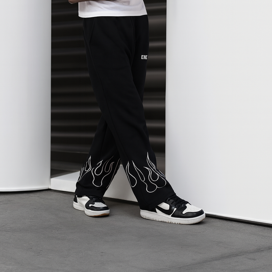 URBXN Black Flame Print Trousers – Streetwear Wide Leg Pants