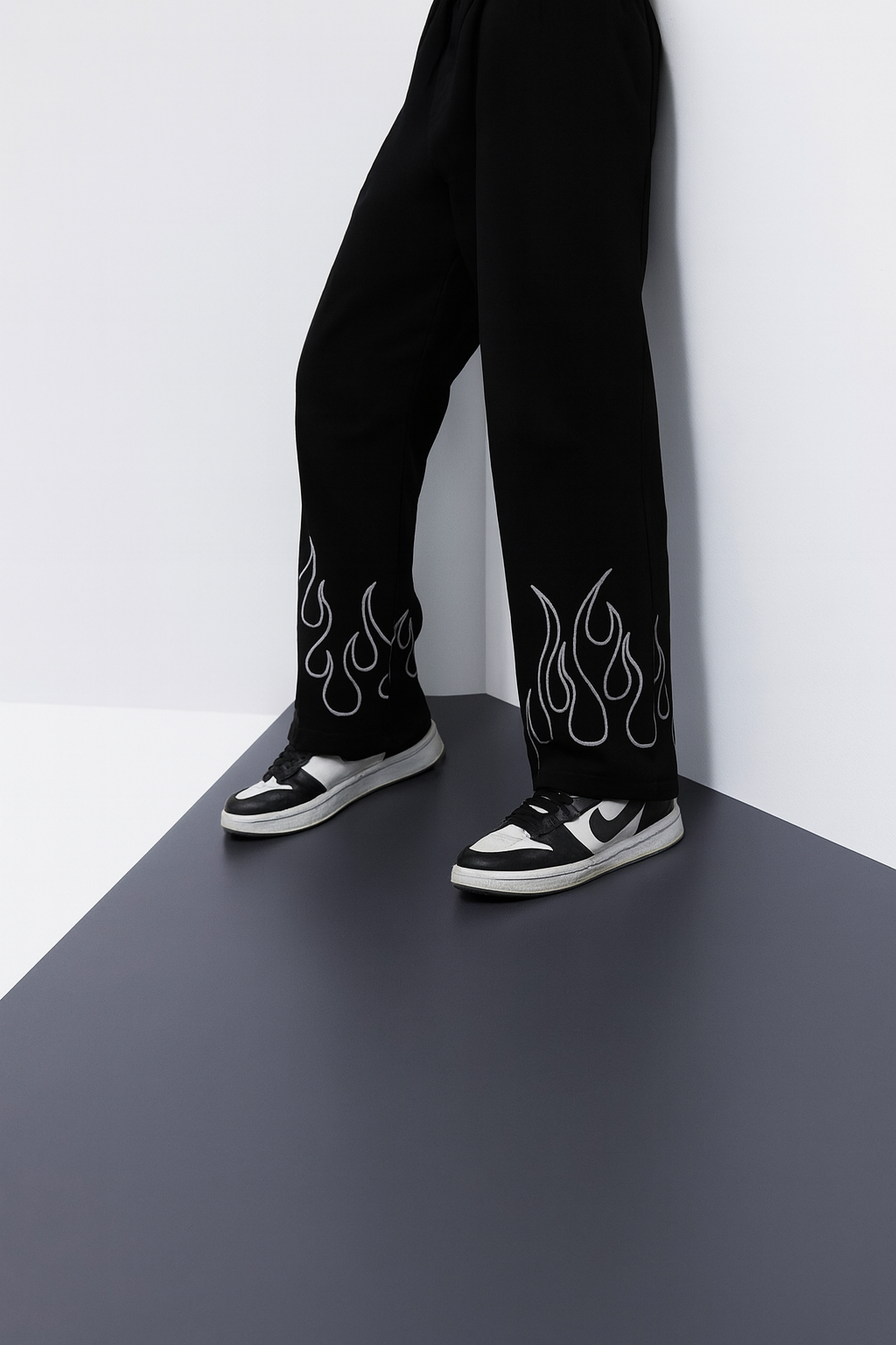 URBXN Black Flame Print Trousers – Streetwear Wide Leg Pants