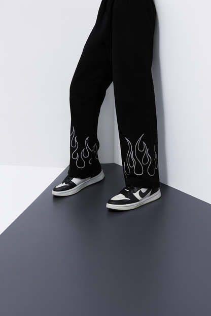URBXN Black Flame Print Trousers – Streetwear Wide Leg Pants
