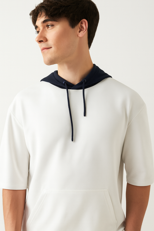 White Half-Sleeve Hoodie with Contrast Hood – Casual Streetwear Top