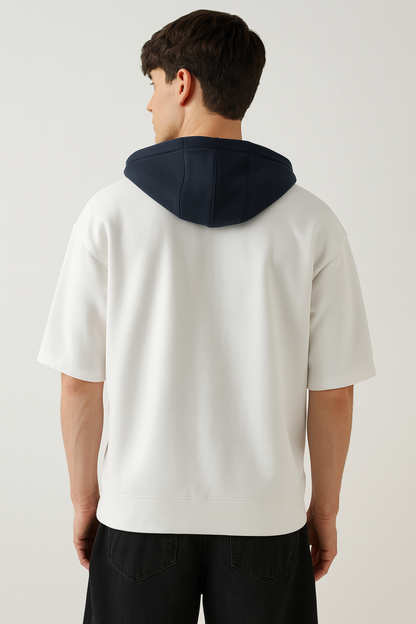 White Half-Sleeve Hoodie with Contrast Hood – Casual Streetwear Top