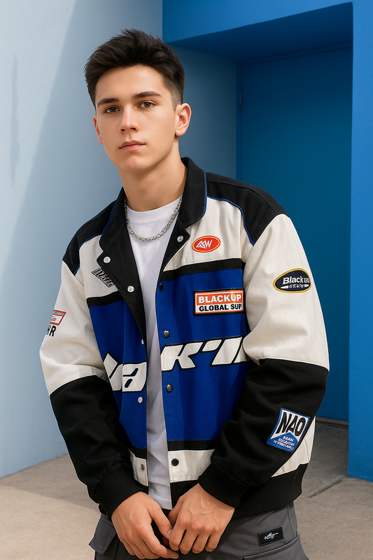 Blue & White Racing Varsity Jacket – Streetwear Motorsport Bomber