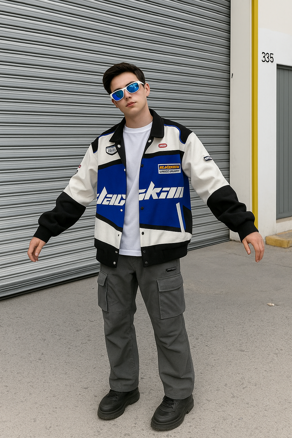 Blue & White Racing Varsity Jacket – Streetwear Motorsport Bomber