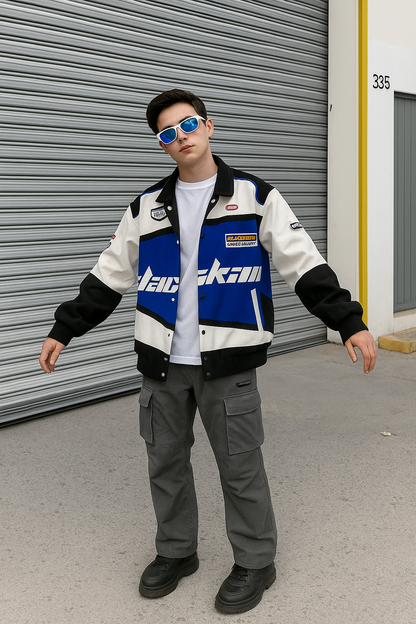 Blue & White Racing Varsity Jacket – Streetwear Motorsport Bomber