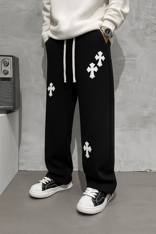 Black Sweatpants with White Cross Patches | Streetwear Joggers