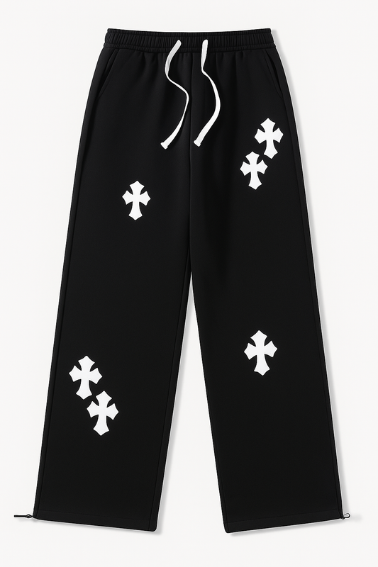 Black Sweatpants with White Cross Patches | Streetwear Joggers