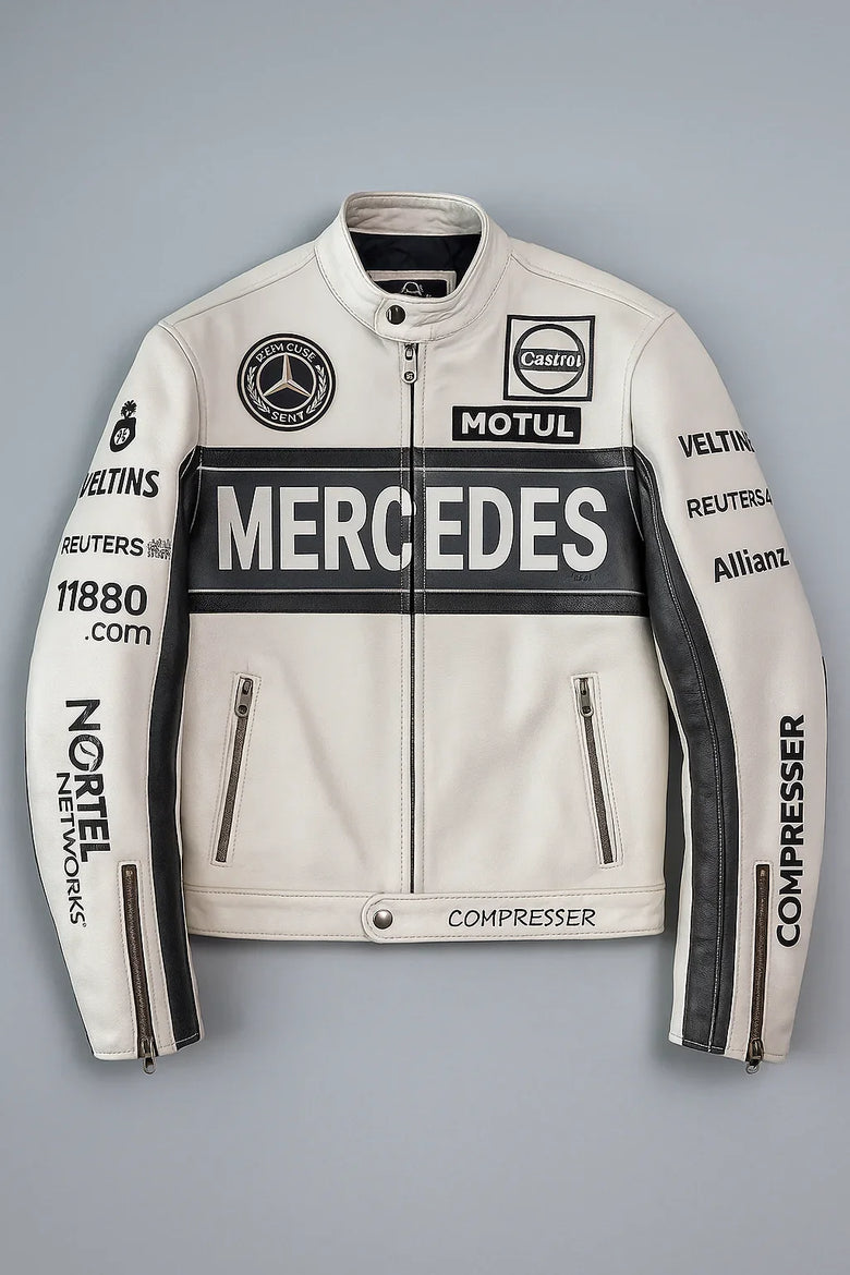 White streetwear racing jacket with black stripes, zip pockets, and bold motorsport logos